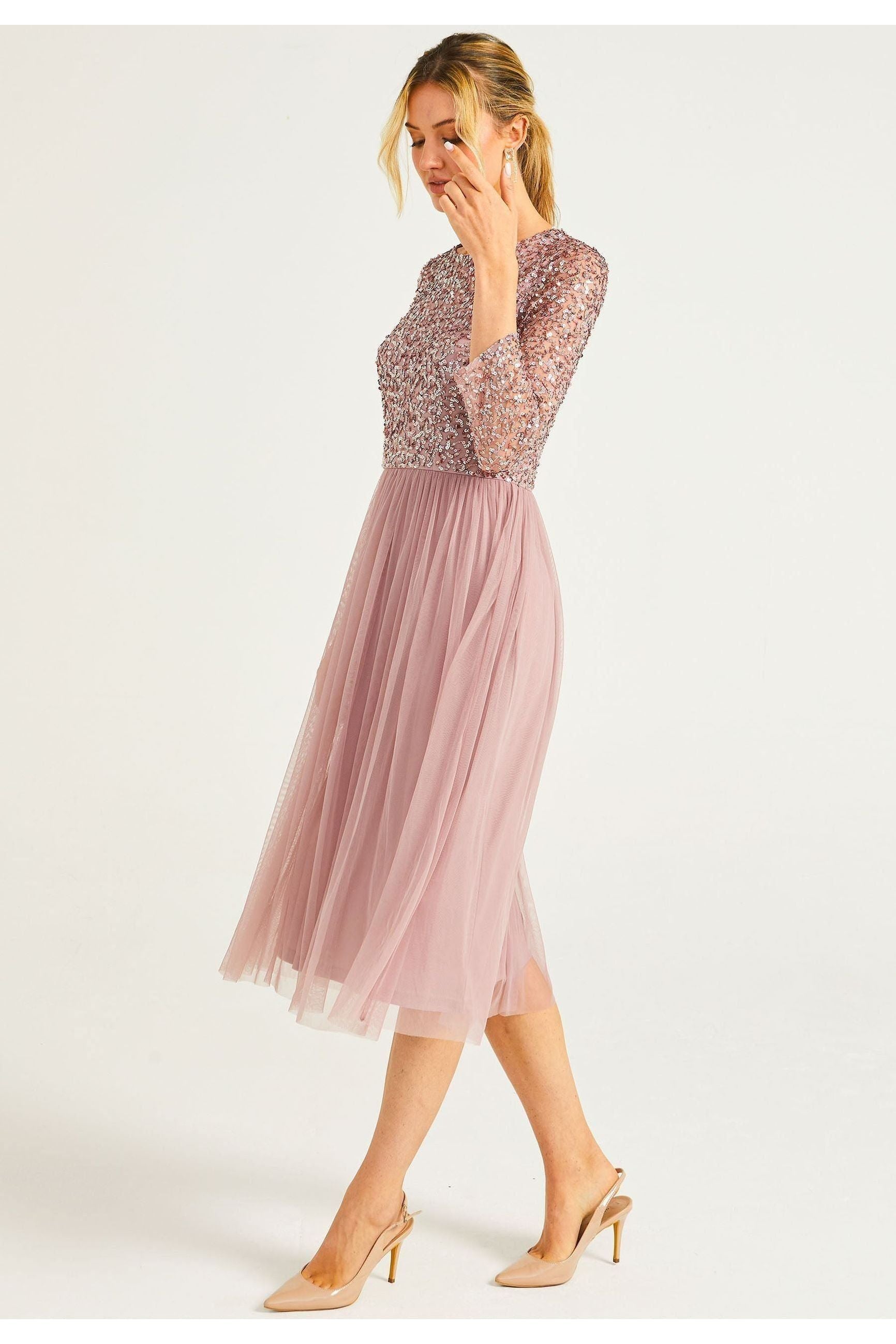 Embellished Sequin Long Sleeve Midi Dress In Lavender P025281LVDF
