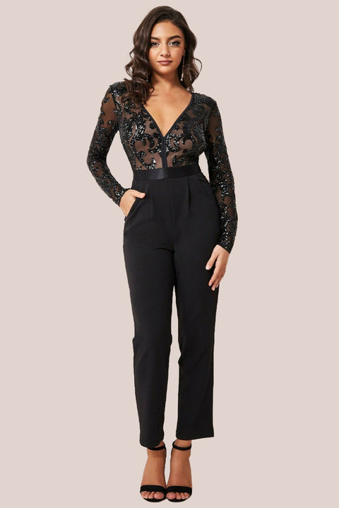 Sequin Mesh Jumpsuit - Black by Goddiva
