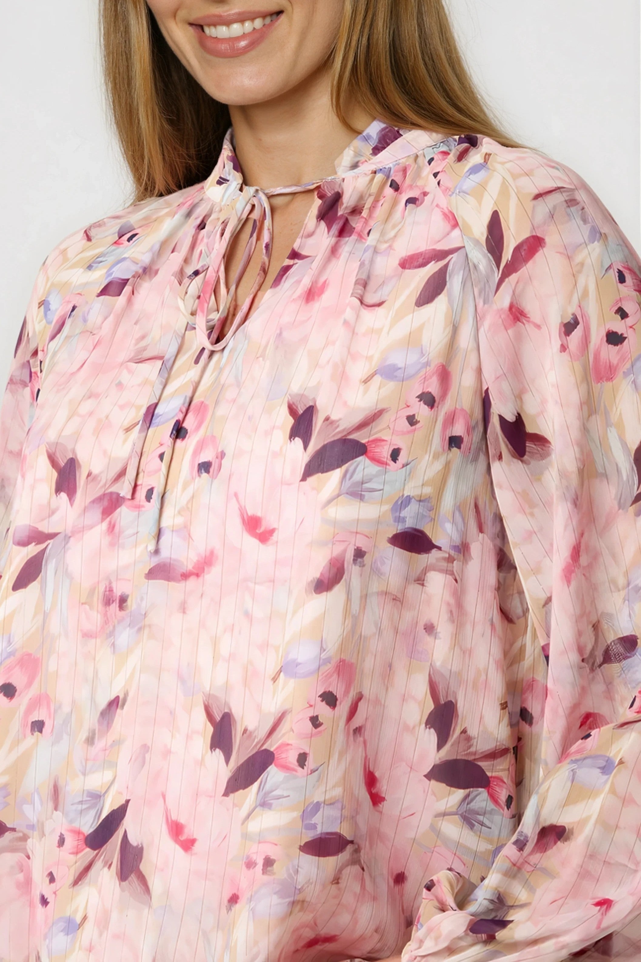 Pink Floral Print Tie Neck Blouse ALNL269404020