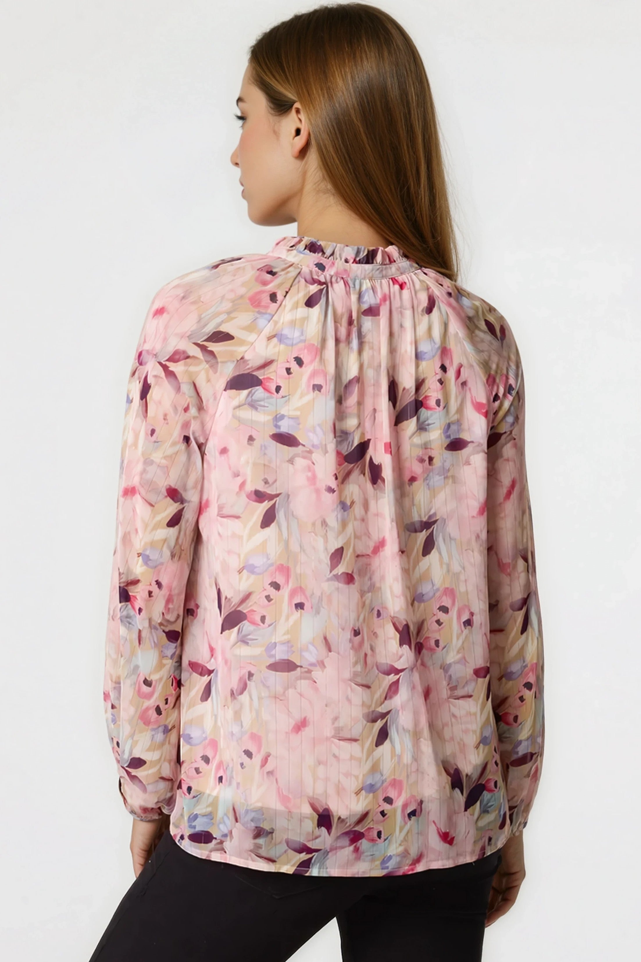 Pink Floral Print Tie Neck Blouse ALNL269404020
