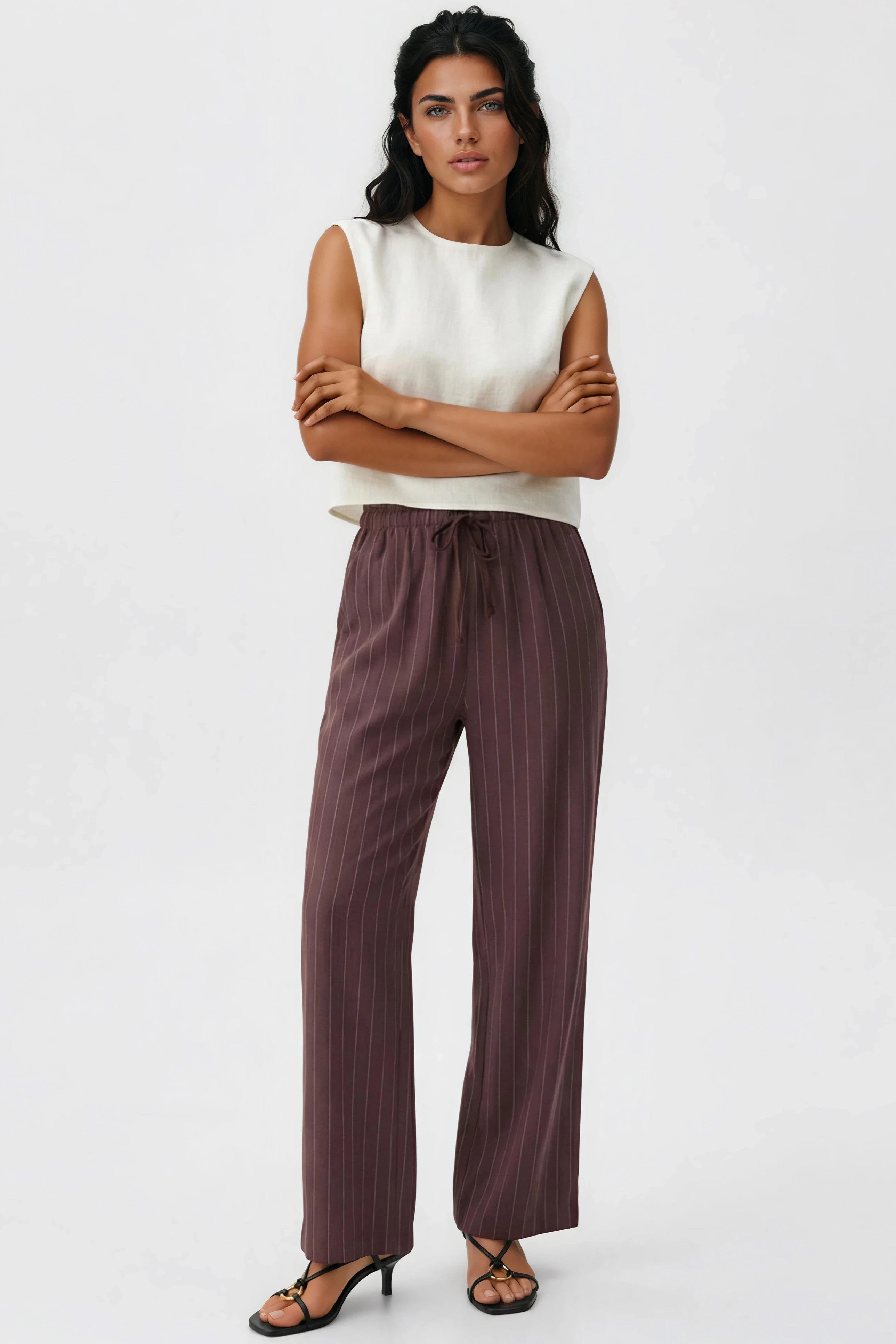 Brown Linen Blend Pin Striped Wide Leg Trousers ALQ3602030