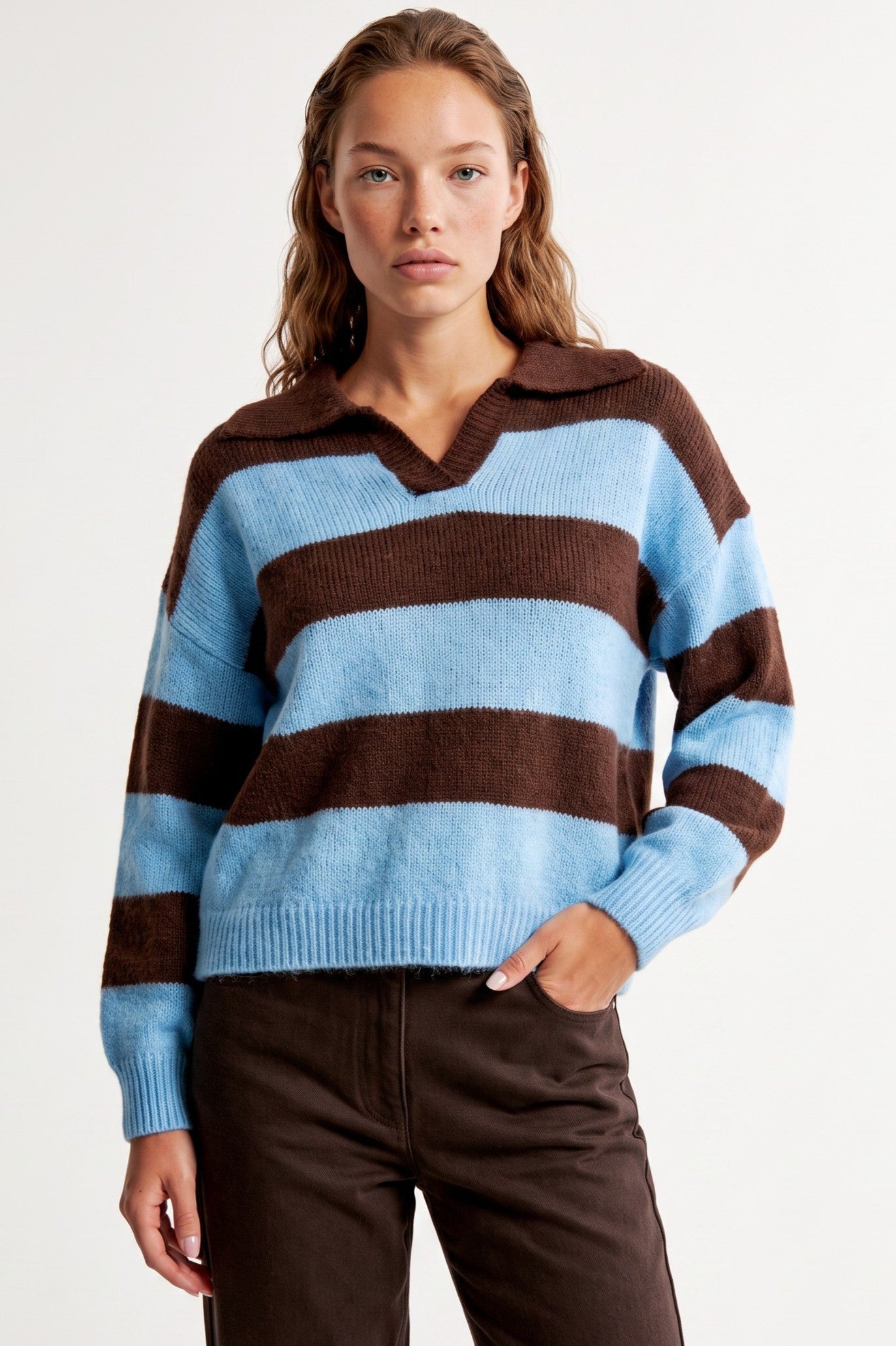 Blue Brown Stripe Collared Knit Jumper ALWF5812NV459