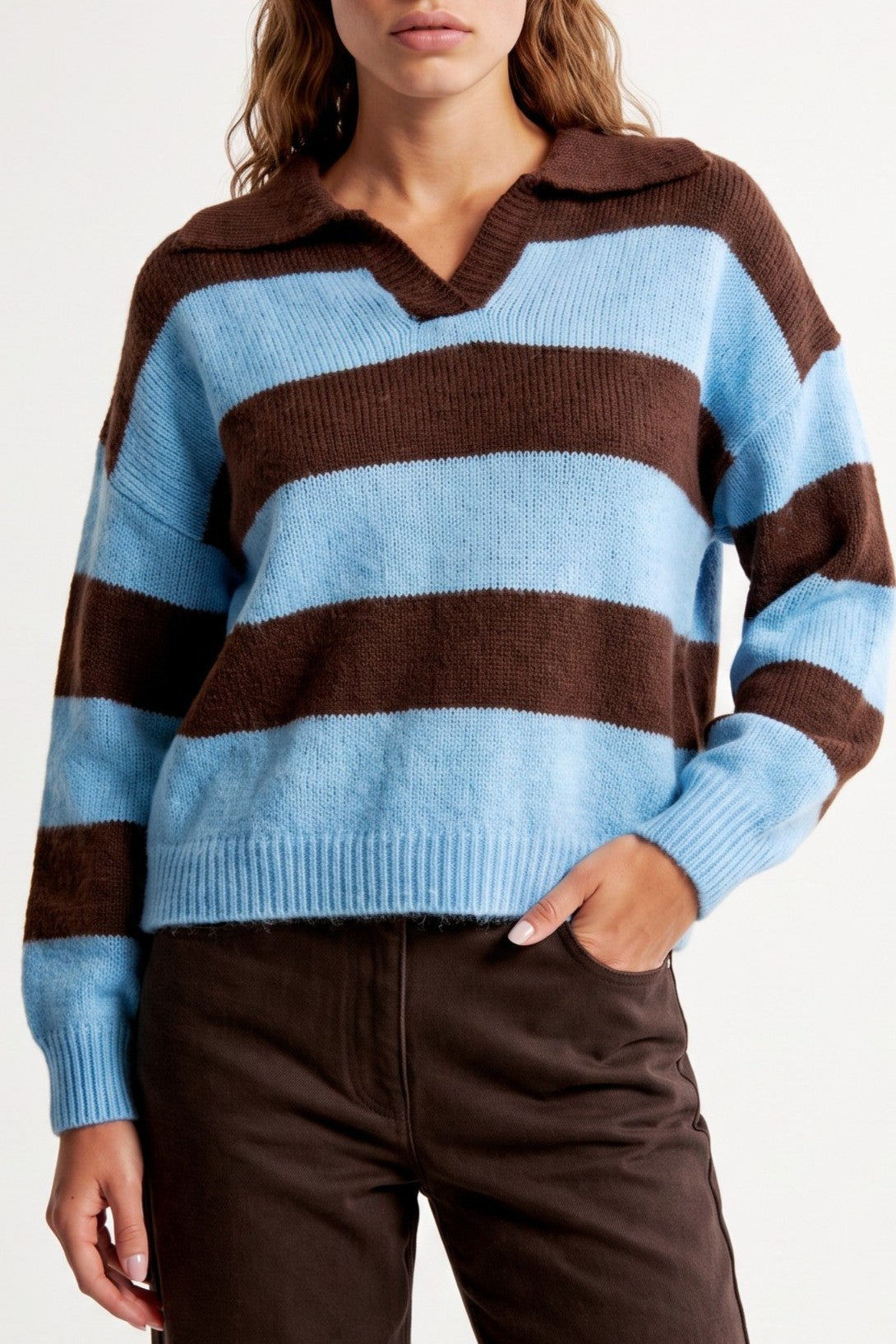 Blue Brown Stripe Collared Knit Jumper ALWF5812NV459