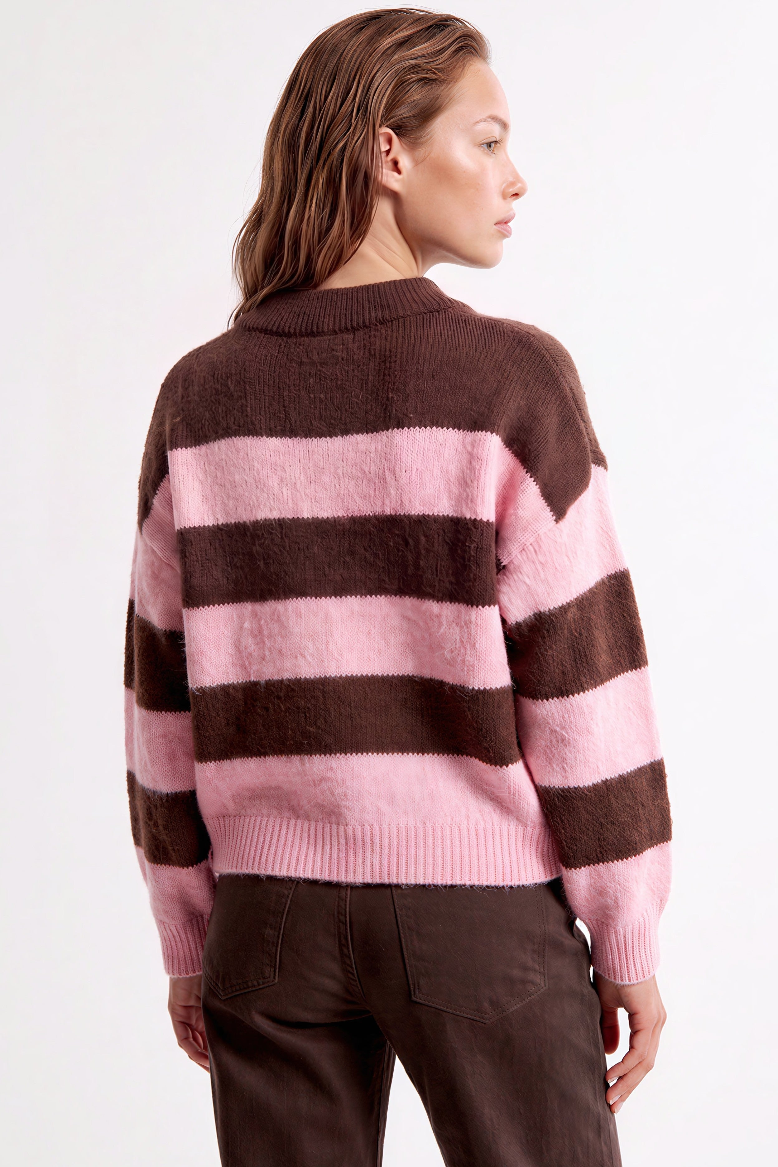 Pink Brown Stripe Collared Knit Jumper ALWF5812NV457