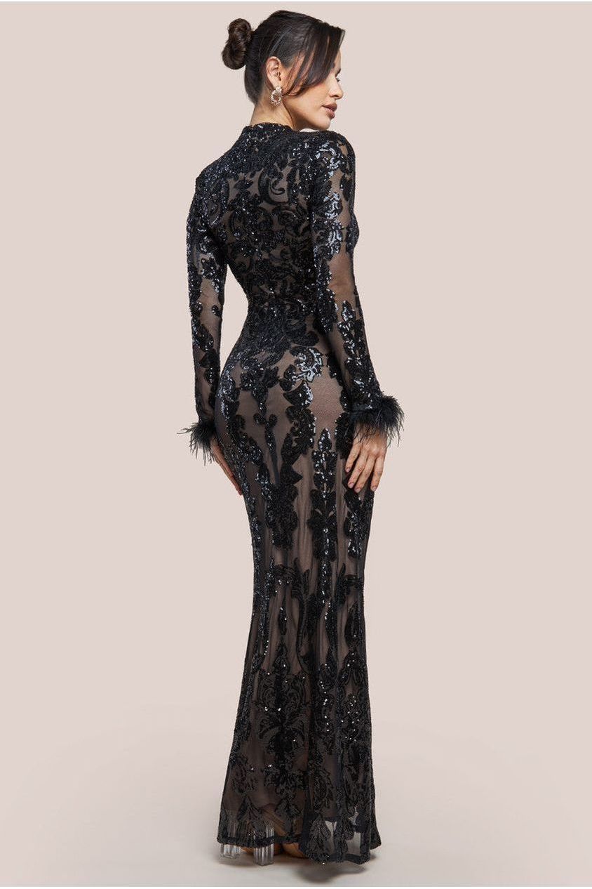 Sequin High Neck Feather Cuff Maxi Dress - Black DR3984