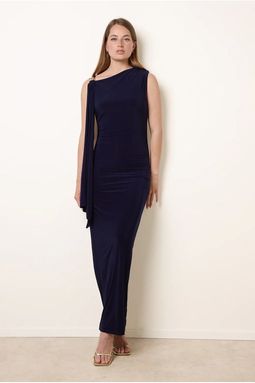 Drape Brooch Detailing Ruched Maxi Dress SS26266B008