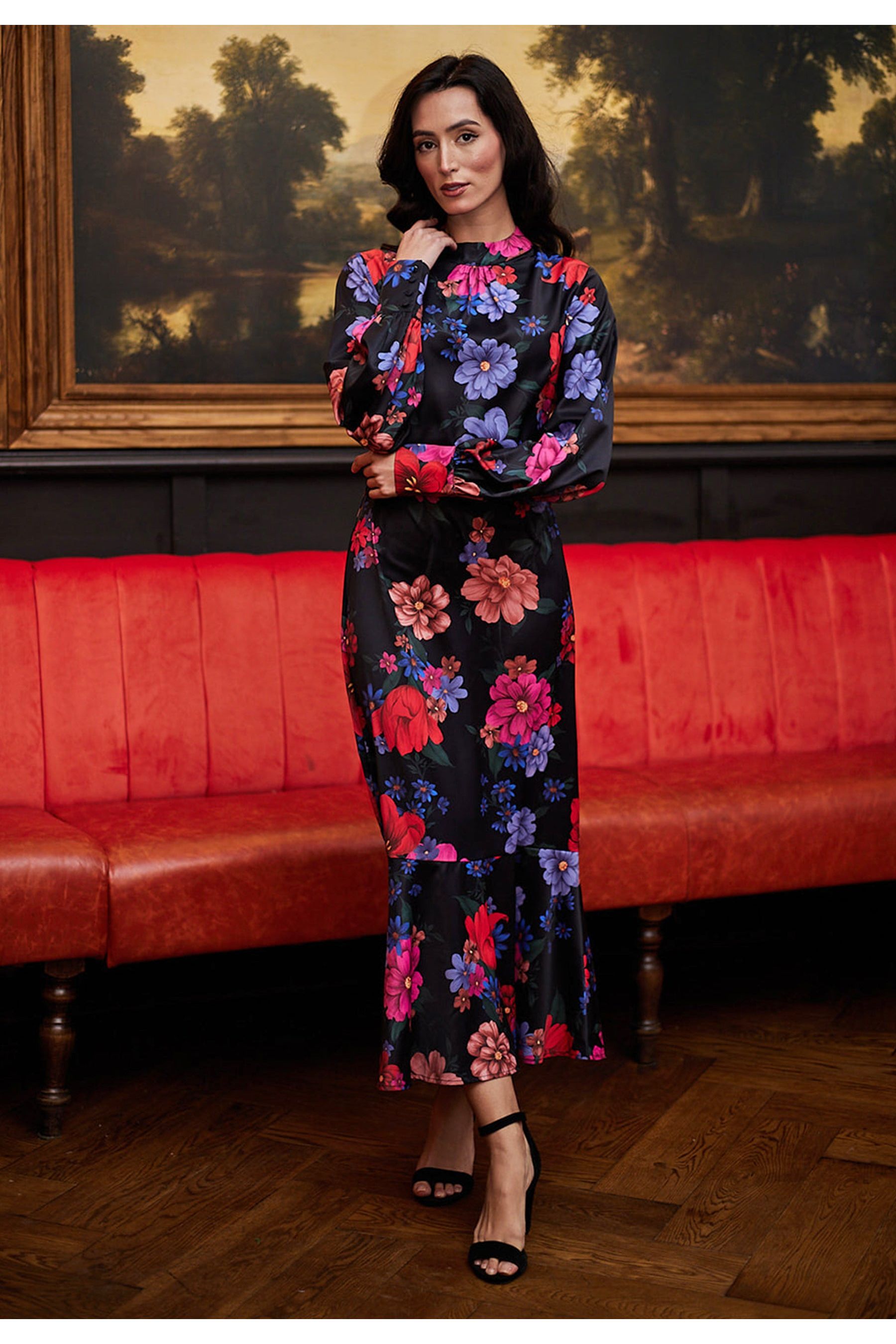 Midi Floral Black Dress R038973BLKF