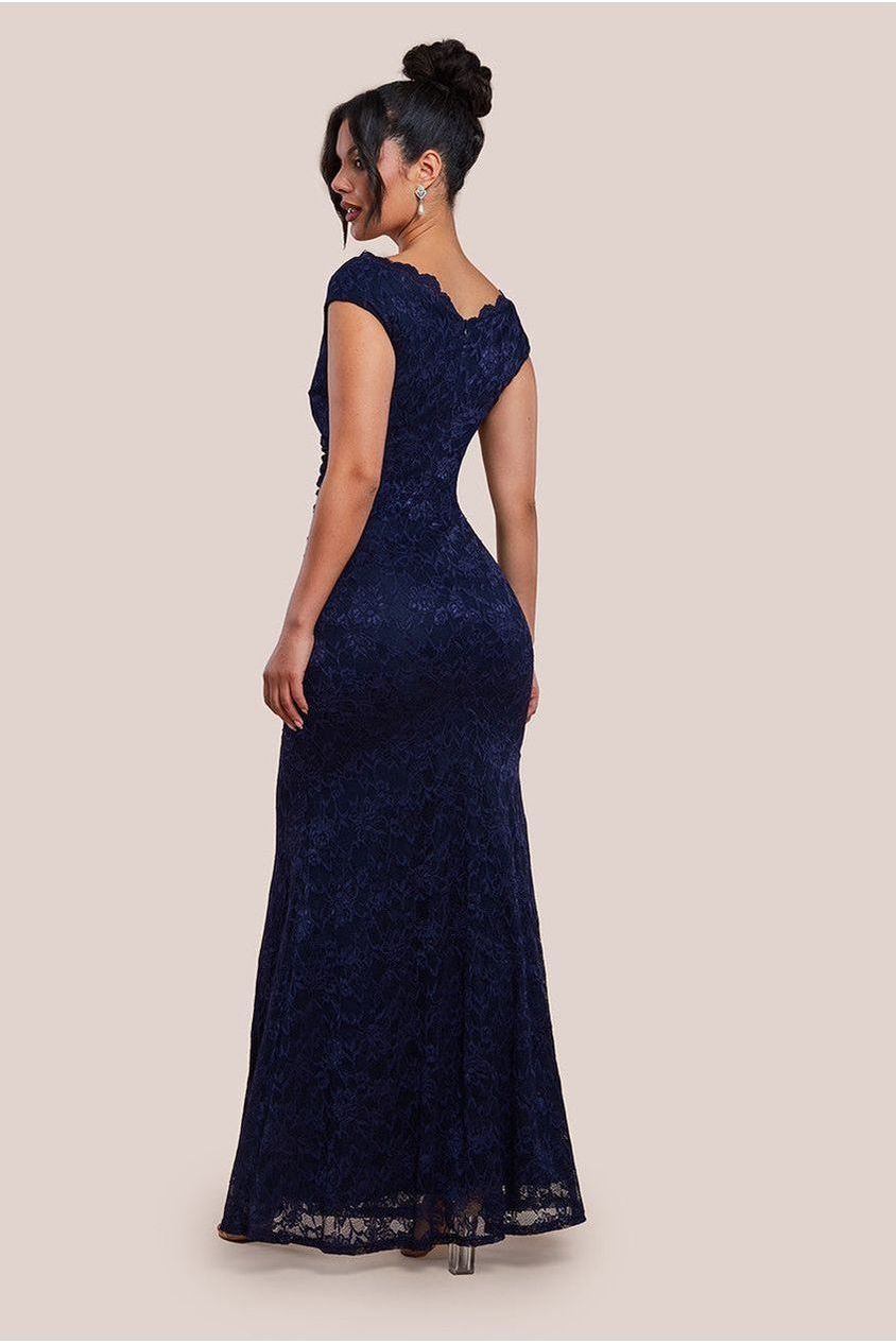Off The Shoulder Scalloped Neck Maxi Dress - Navy Blue DR4600