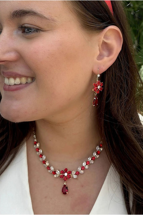 Red Crystal Flower Necklace by QueenMee Accessories