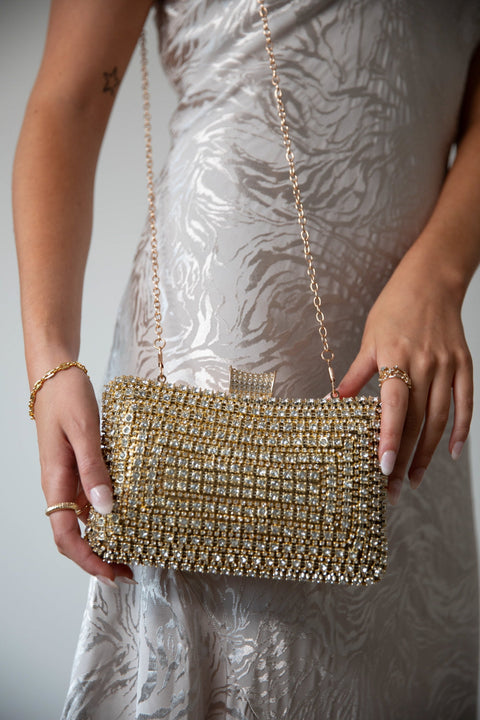 Gold Diamante Clutch Bag by SVNX