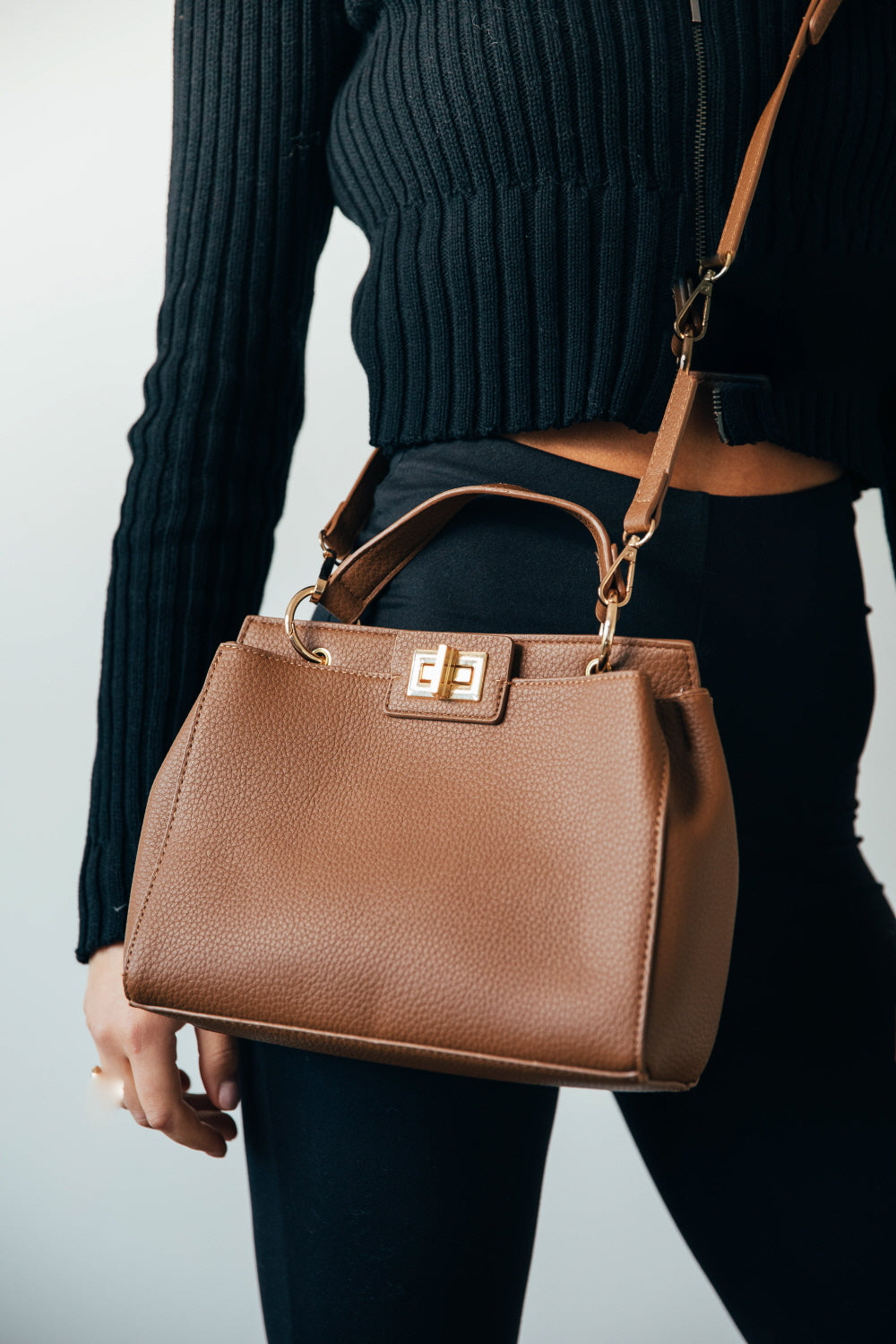 Brown Faux Leather Handbag With Gold Trim HB324606