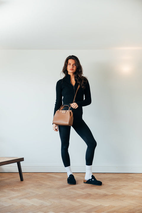 Brown Faux Leather Handbag With Gold Trim by SVNX