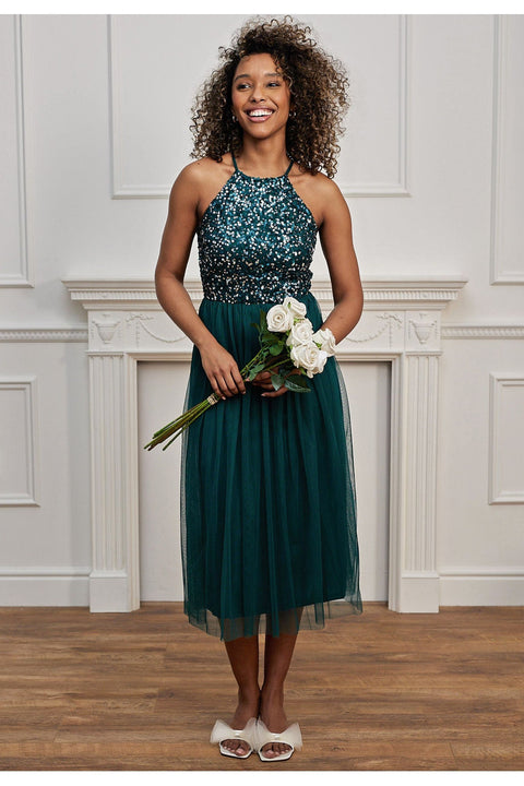 Embellished Halterneck Sequin Midi Dress In Emerald Green by Angeleye