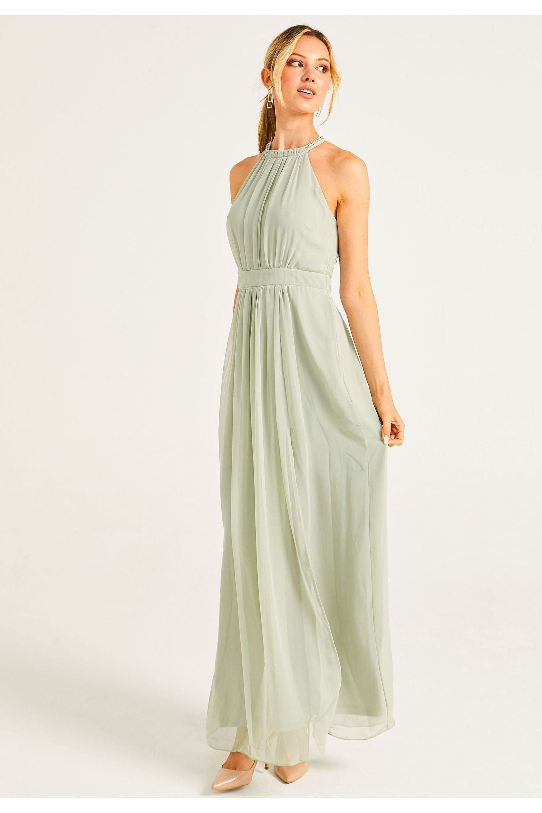 Beaded Halterneck Maxi Dress In Sage Green S023499SAG/GRNF