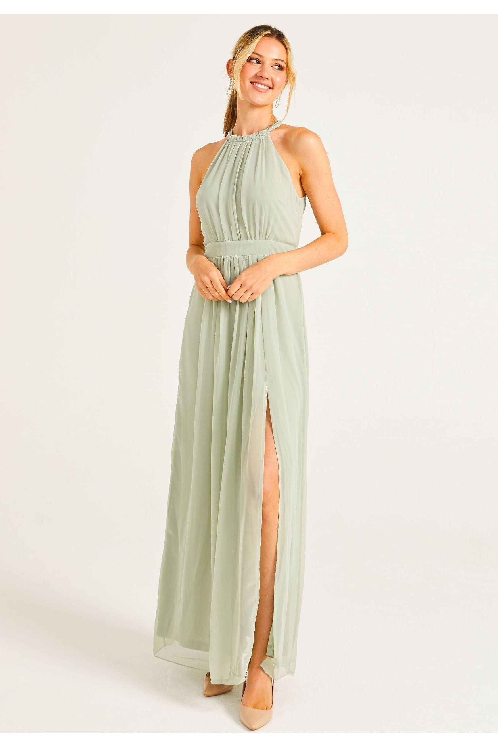 Beaded Halterneck Maxi Dress In Sage Green S023499SAG/GRNF
