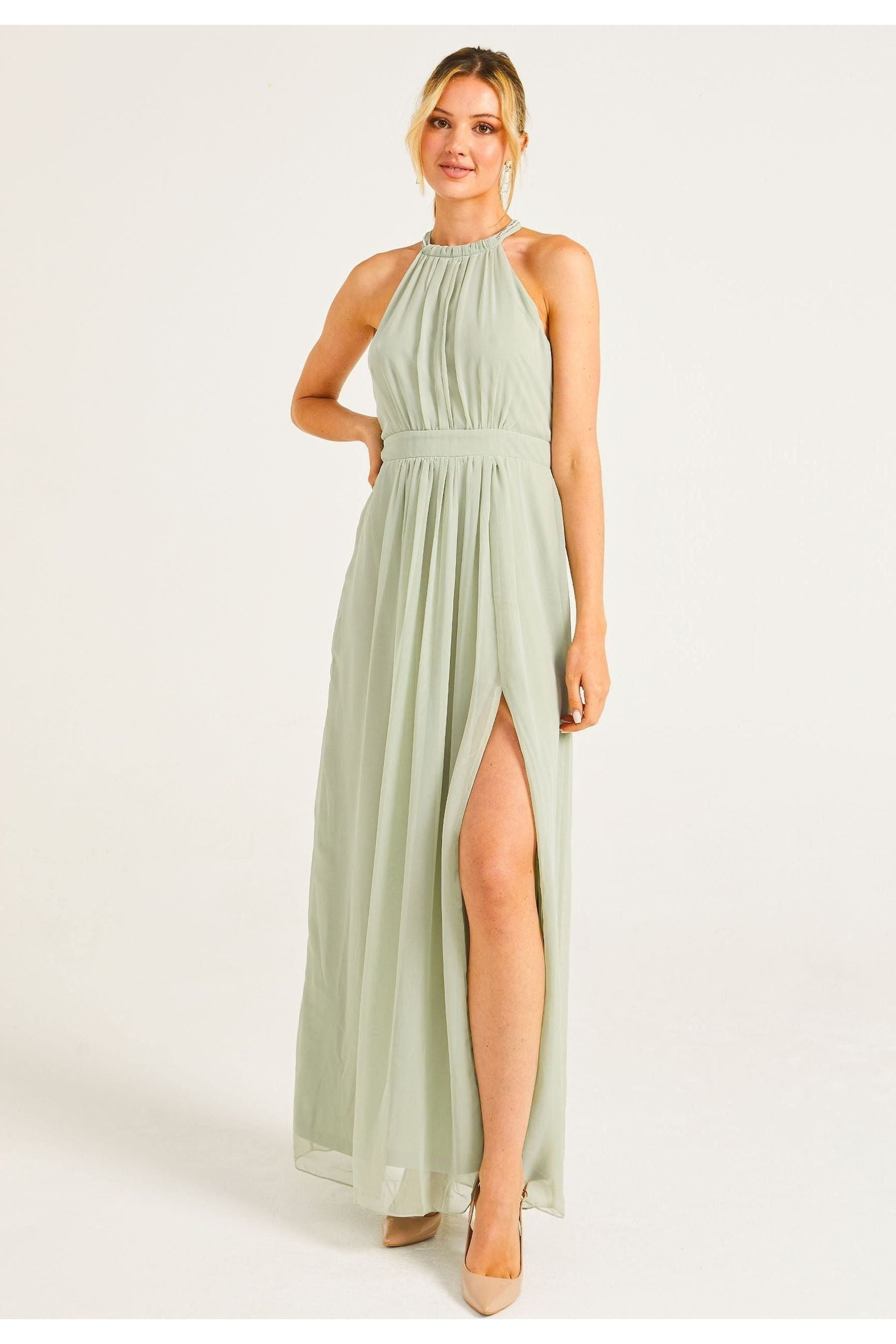 Beaded Halterneck Maxi Dress In Sage Green S023499SAG/GRNF