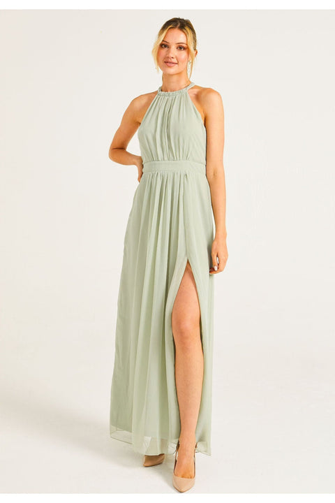 Beaded Halterneck Maxi Dress In Sage Green by Angeleye