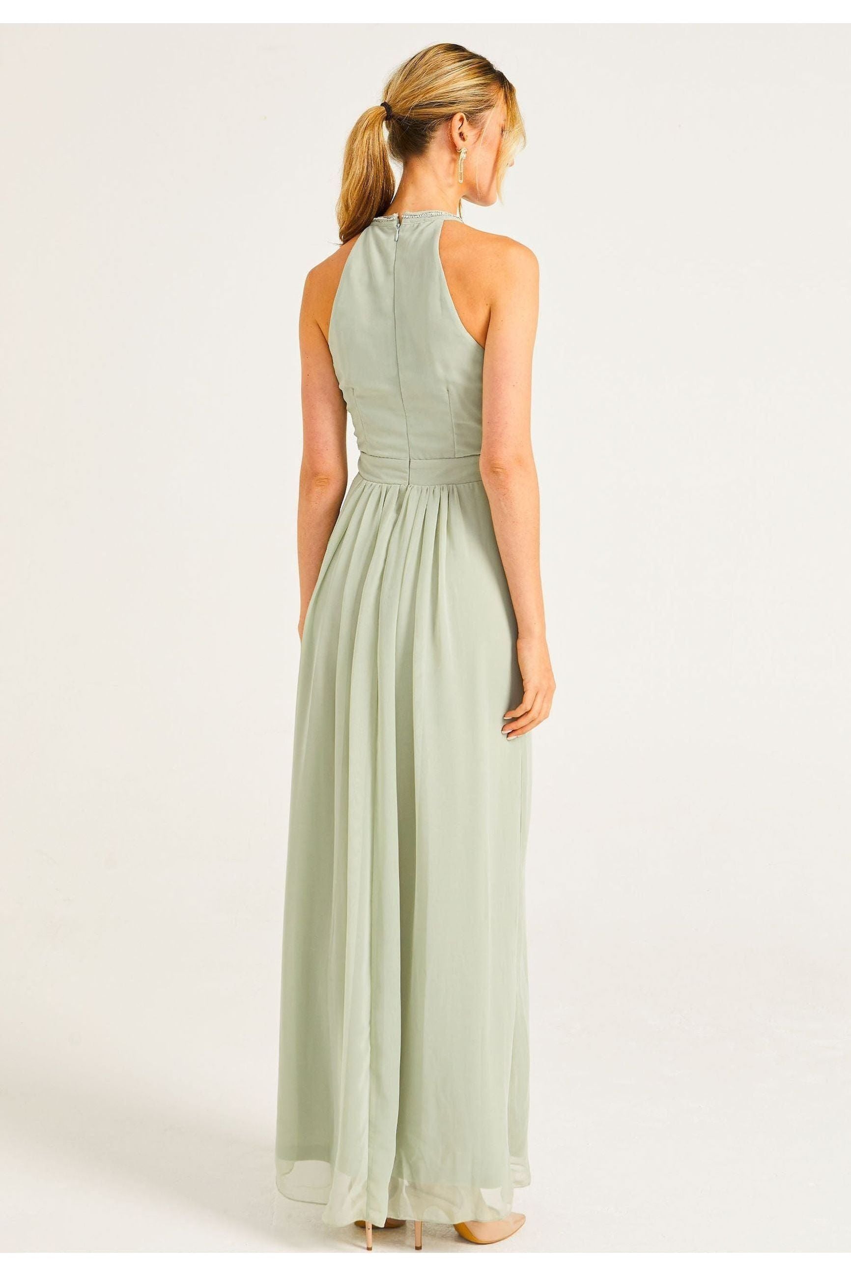Beaded Halterneck Maxi Dress In Sage Green S023499SAG/GRNF
