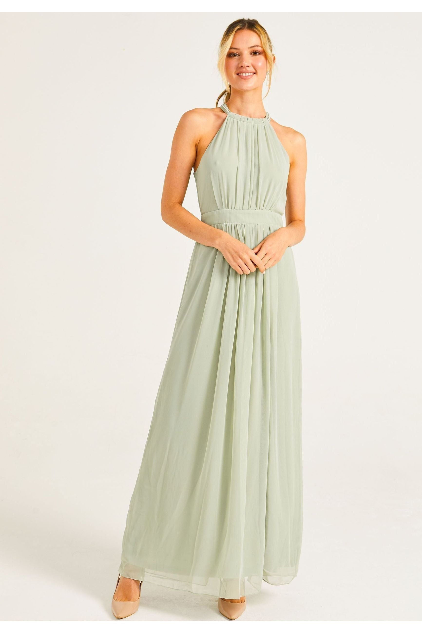 Beaded Halterneck Maxi Dress In Sage Green S023499SAG/GRNF