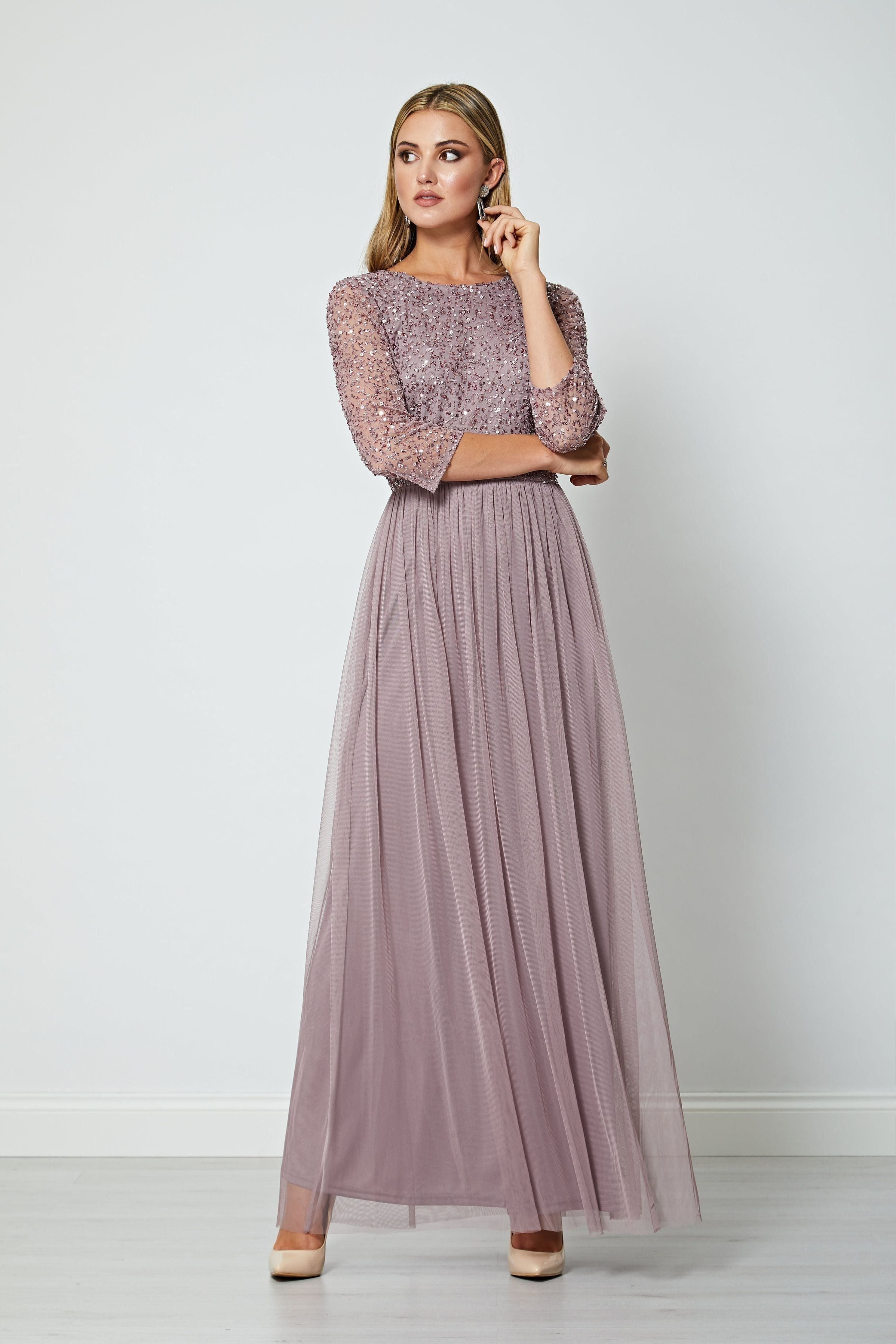 Embellished Sequin Long Sleeve Maxi Dress In Lavender P024400LVDF