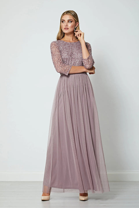 Embellished Sequin Long Sleeve Maxi Dress In Lavender by Angeleye