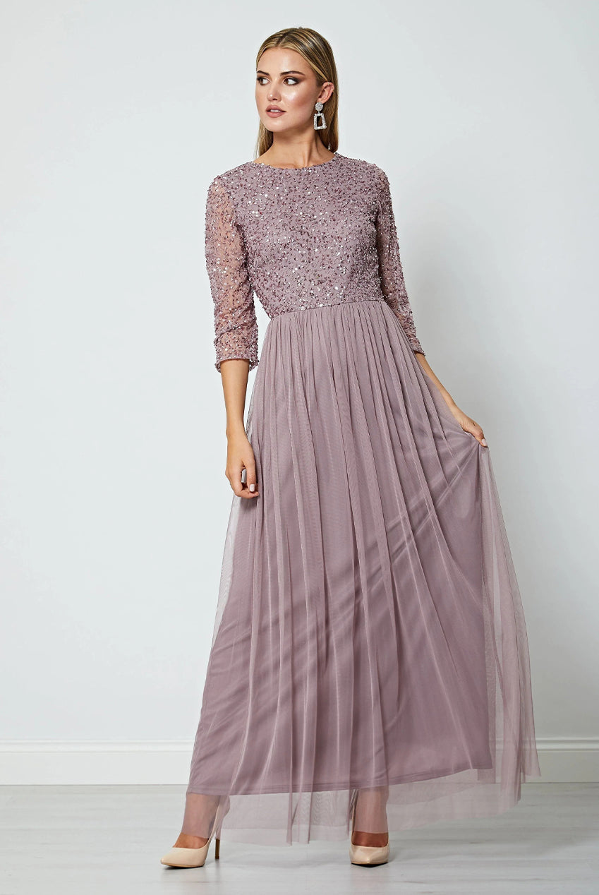 Embellished Sequin Long Sleeve Maxi Dress In Lavender P024400LVDF