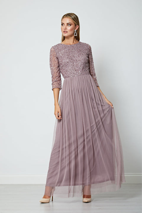 Embellished Sequin Long Sleeve Maxi Dress In Lavender by Angeleye