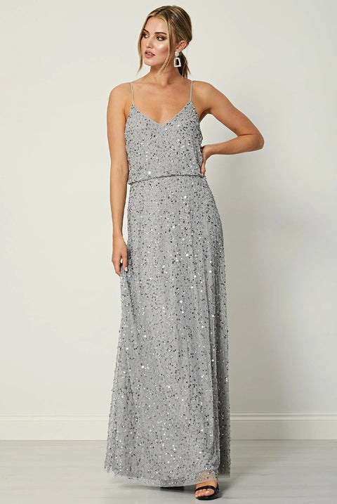 Cami Sequin Embellished Maxi Dress In Grey by Angeleye