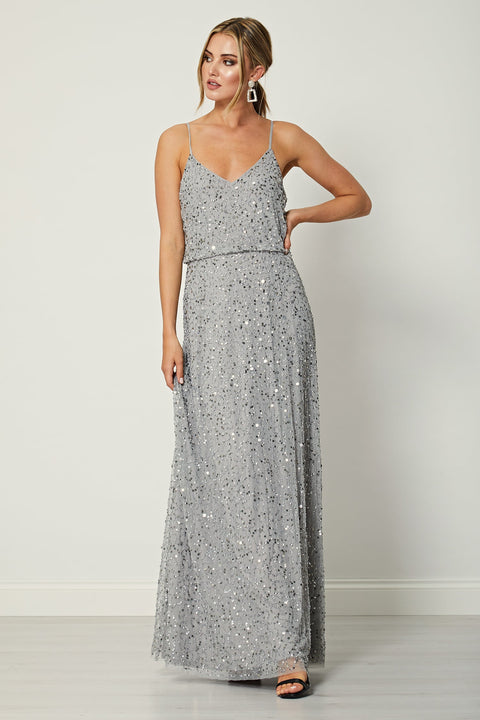 Cami Sequin Embellished Maxi Dress In Grey by Angeleye