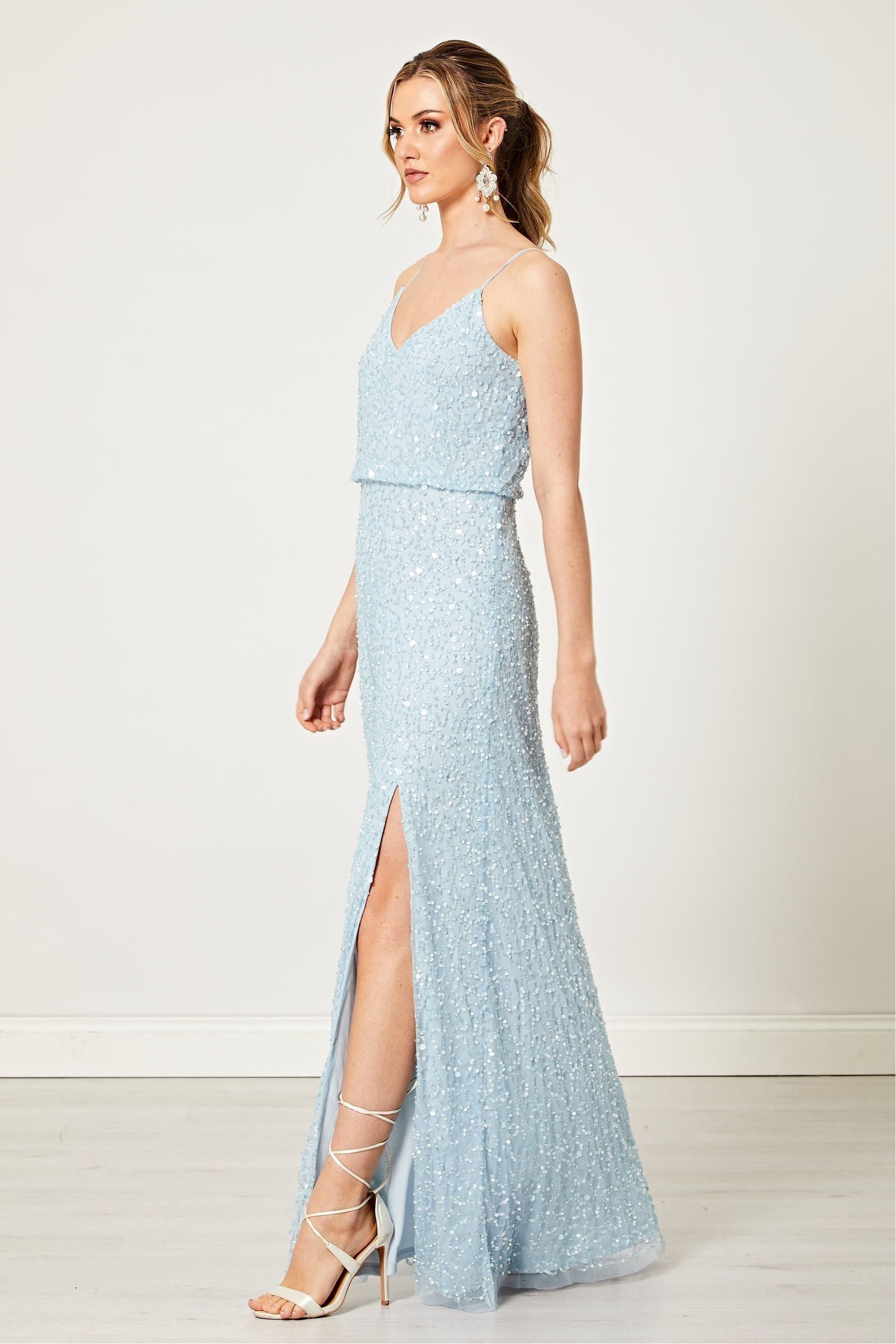 Scatter Embellished Sequin Maxi Dress In Silver Blue S026235SLV/BLEF