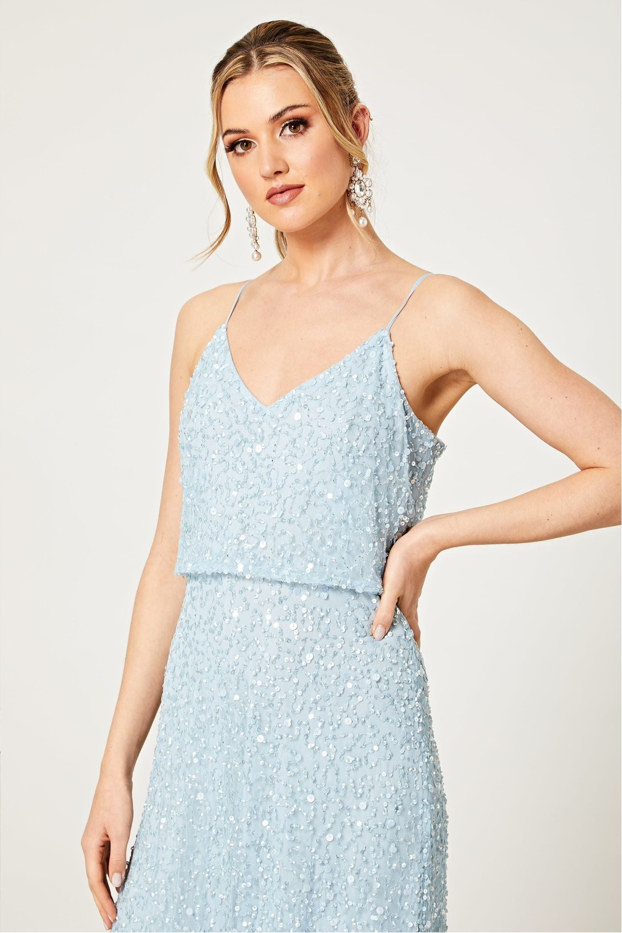 Scatter Embellished Sequin Maxi Dress In Silver Blue S026235SLV/BLEF
