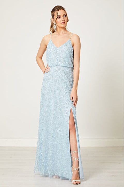 Scatter Embellished Sequin Maxi Dress In Silver Blue by Angeleye