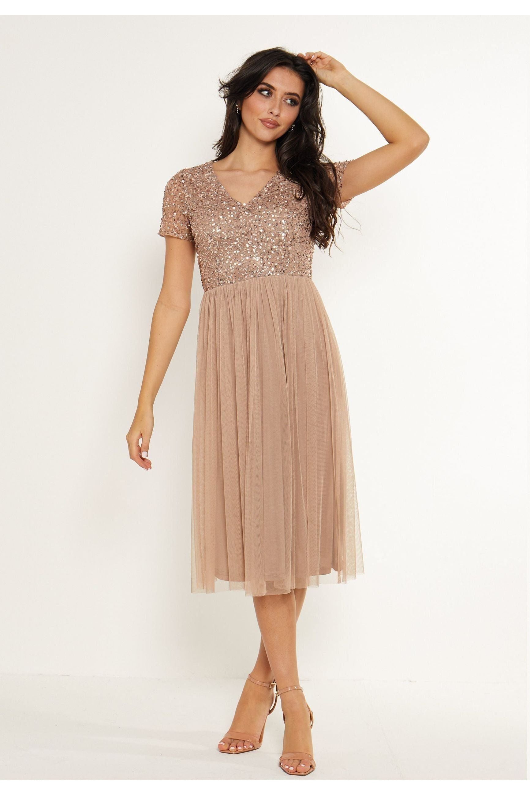 Embellished Sequin Baby Doll Midi Dress In Taupe S027789TUPF