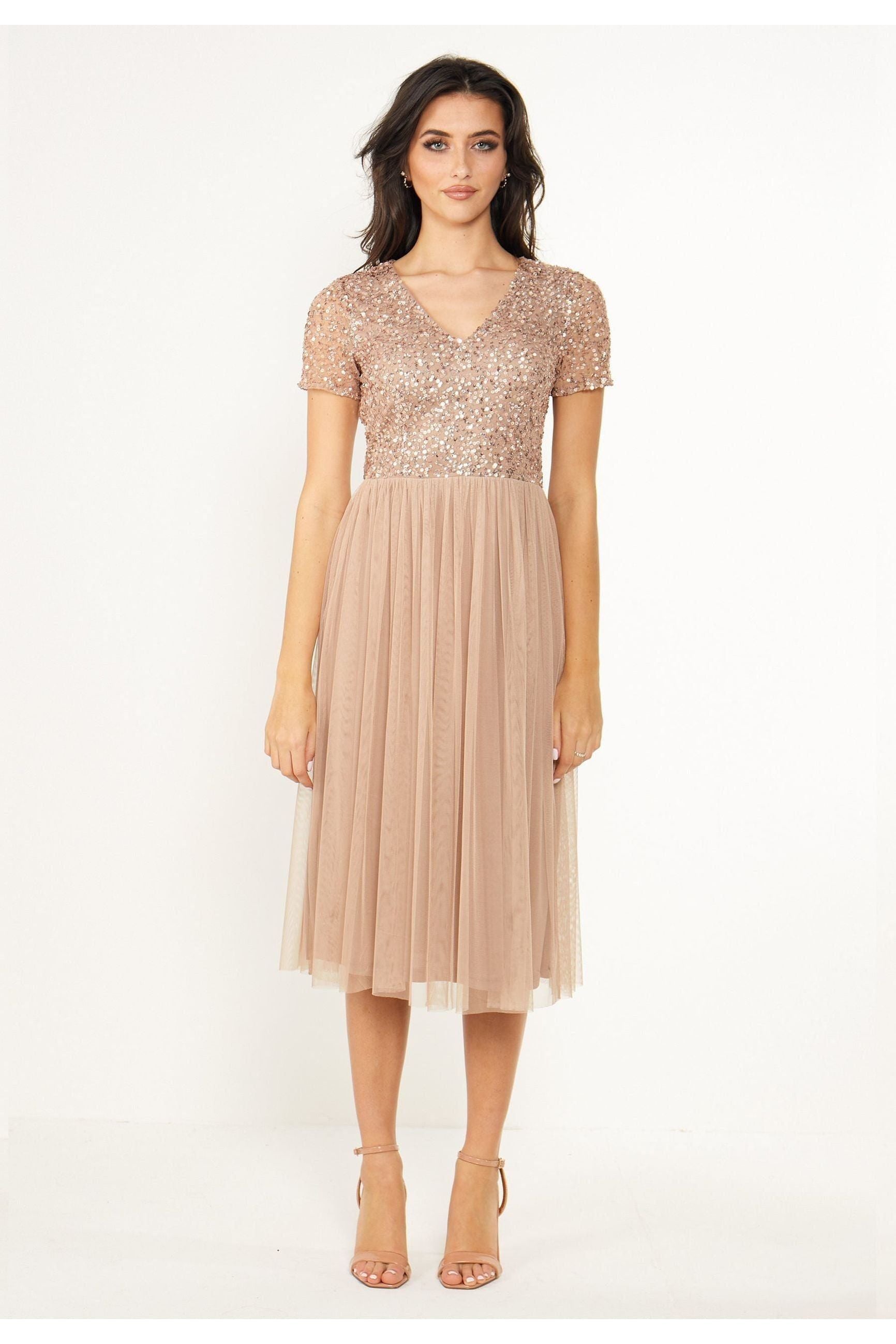 Embellished Sequin Baby Doll Midi Dress In Taupe S027789TUPF
