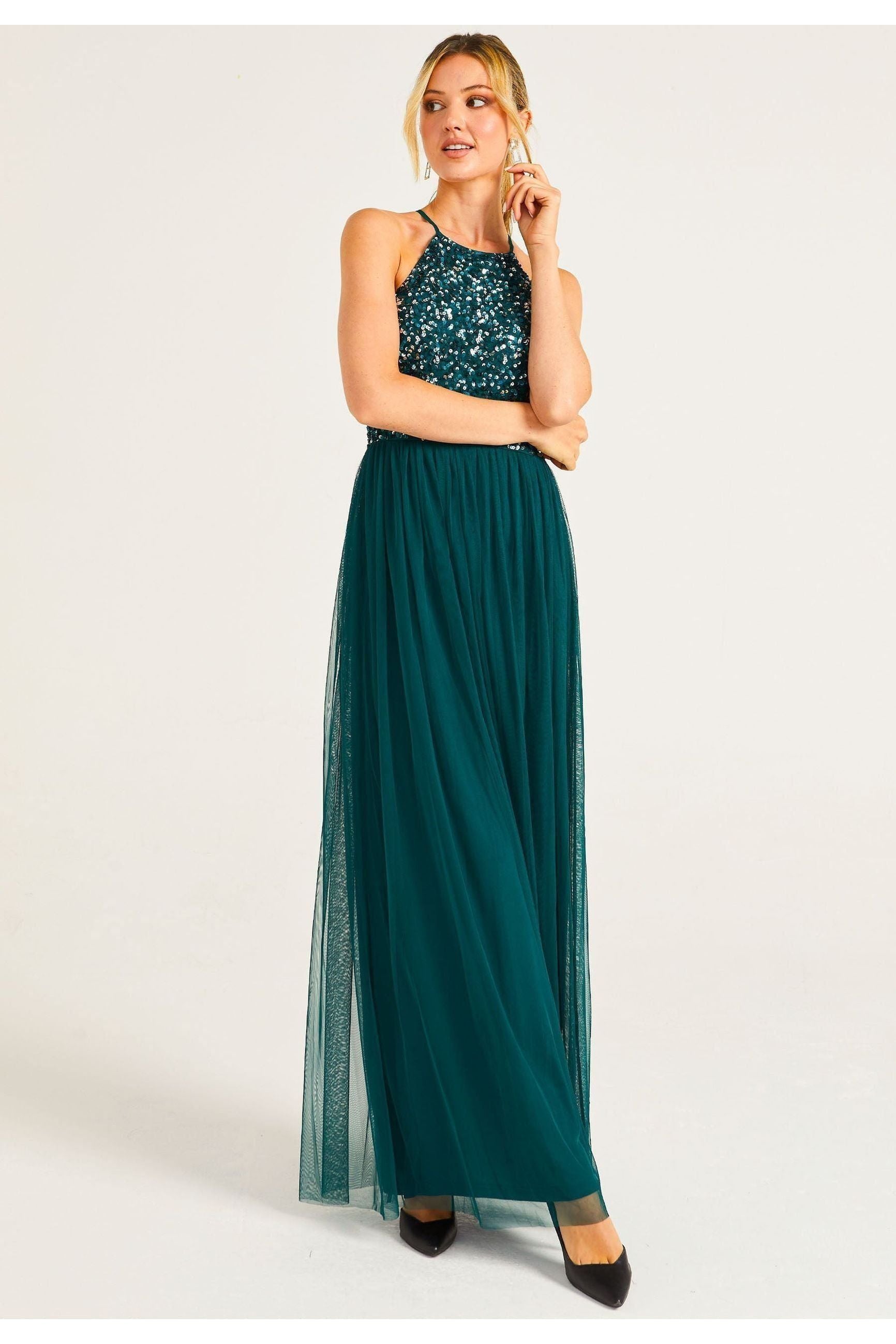 Embellished Halter Neck Maxi Dress In Emerald Green S027790EMDGRNF