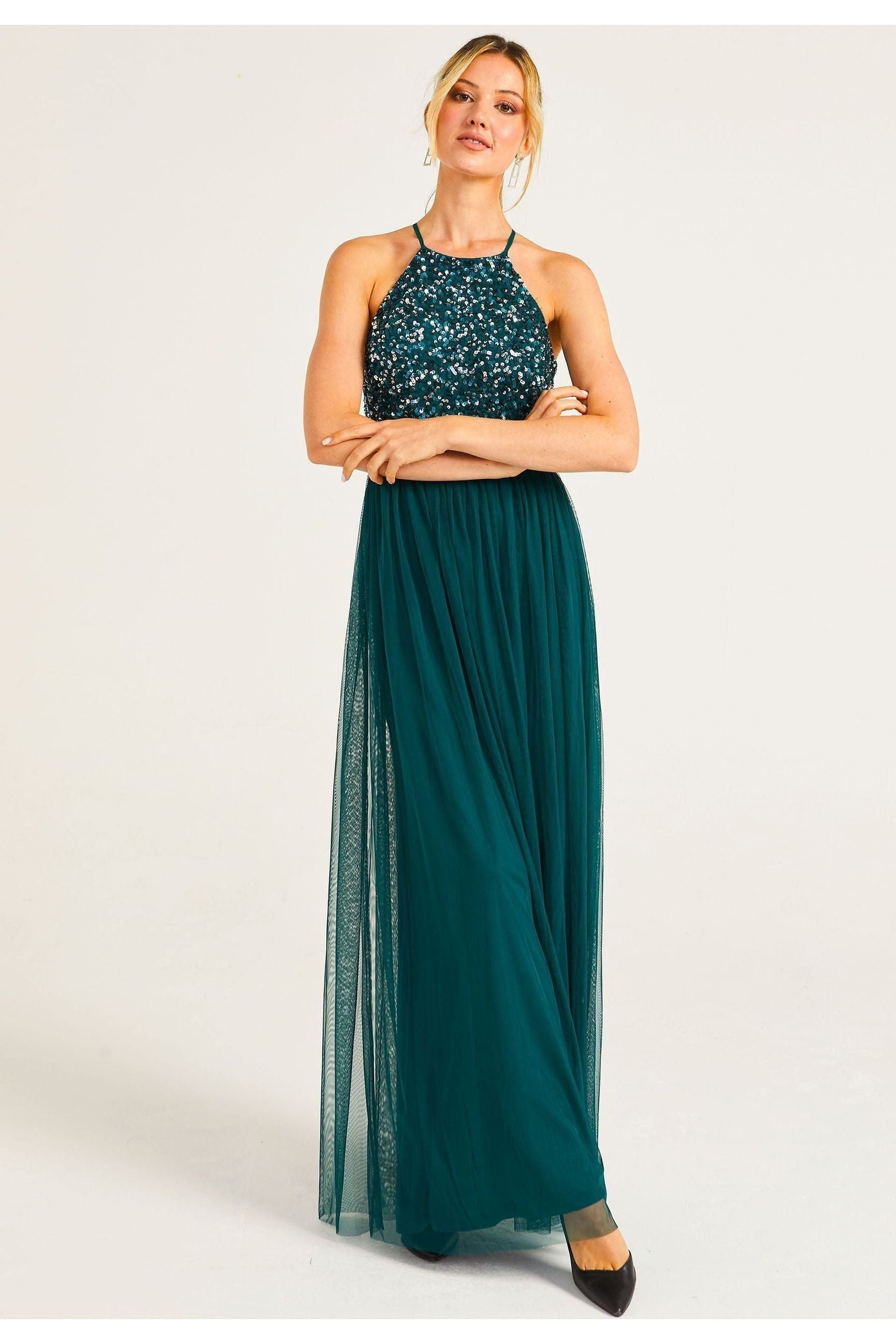 Embellished Halter Neck Maxi Dress In Emerald Green S027790EMDGRNF