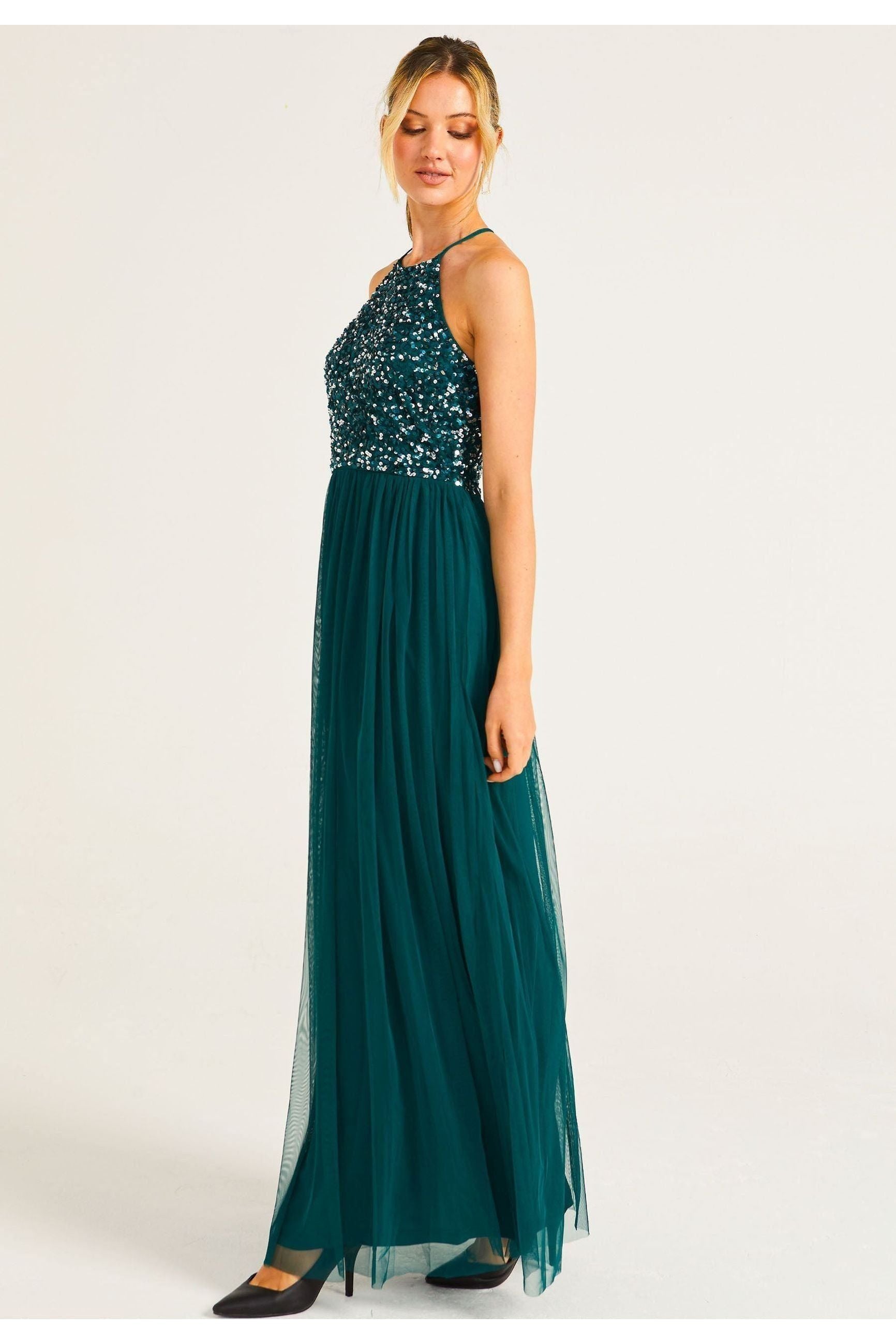 Embellished Halter Neck Maxi Dress In Emerald Green S027790EMDGRNF