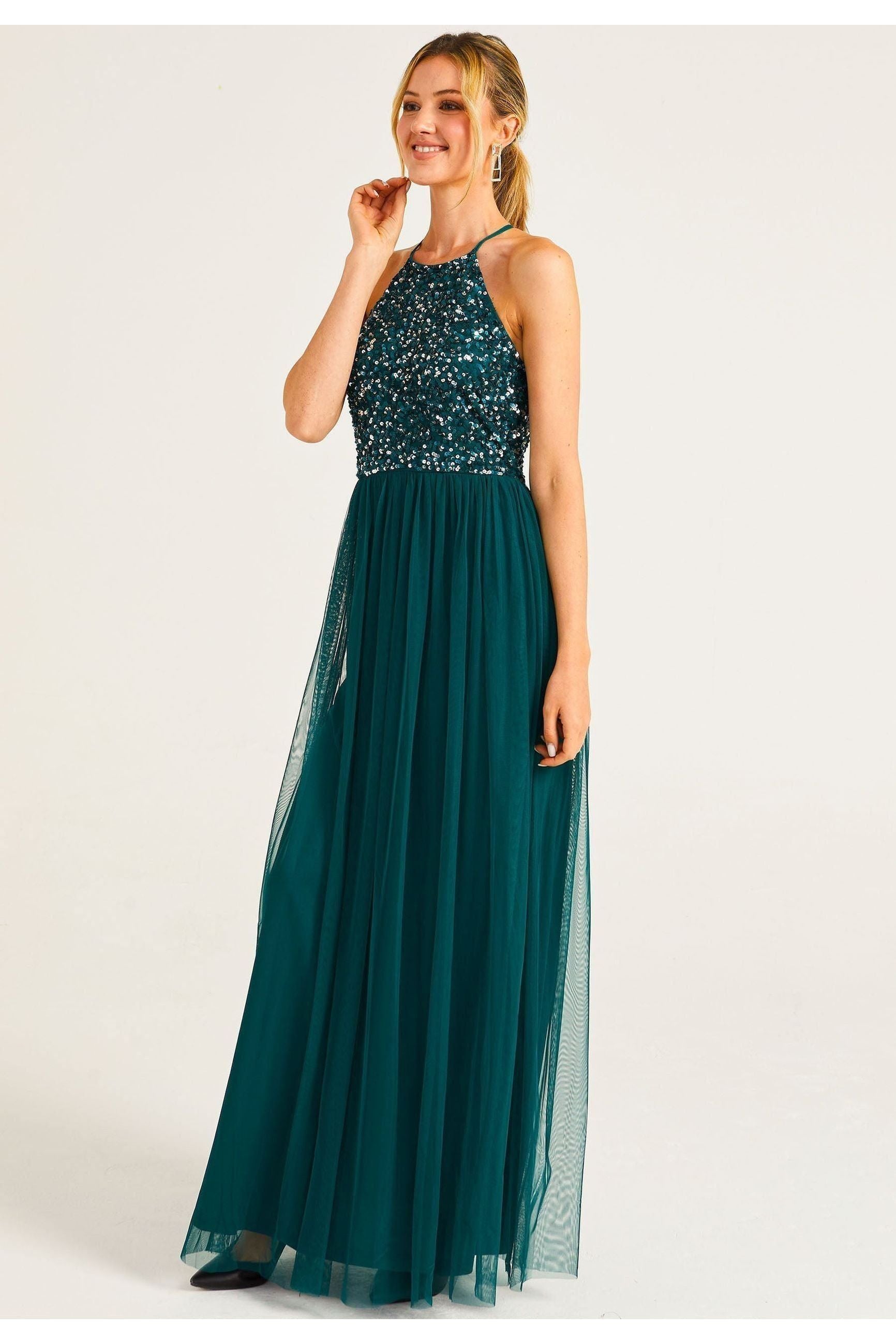 Embellished Halter Neck Maxi Dress In Emerald Green S027790EMDGRNF