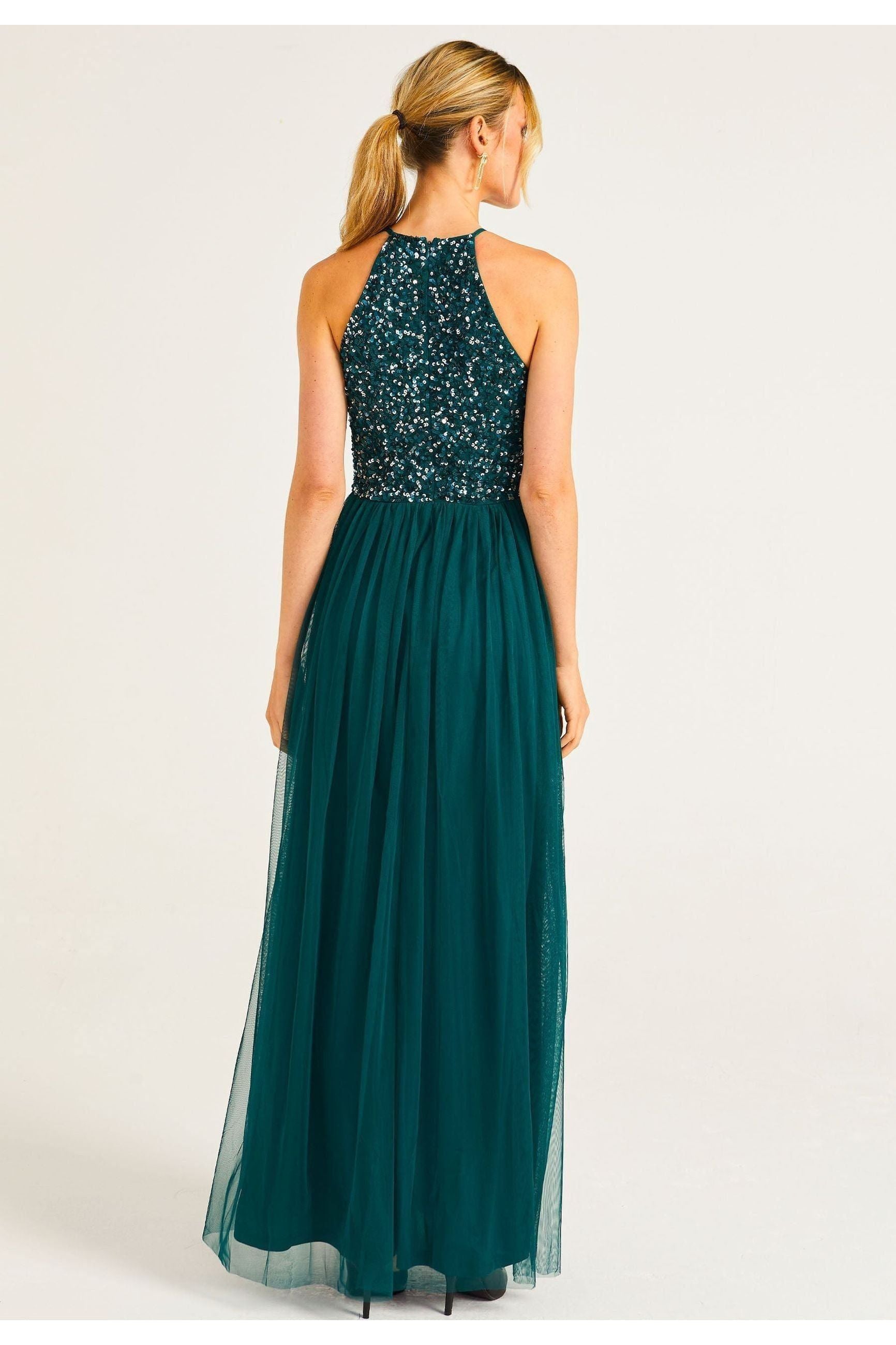 Embellished Halter Neck Maxi Dress In Emerald Green S027790EMDGRNF