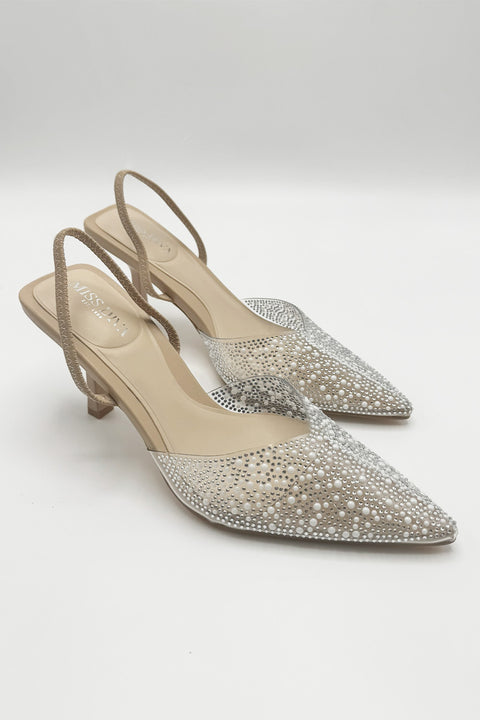 Kiana Diamante Embellished Sling Back Pointed Toe Court Shoes In Nude by Miss Diva