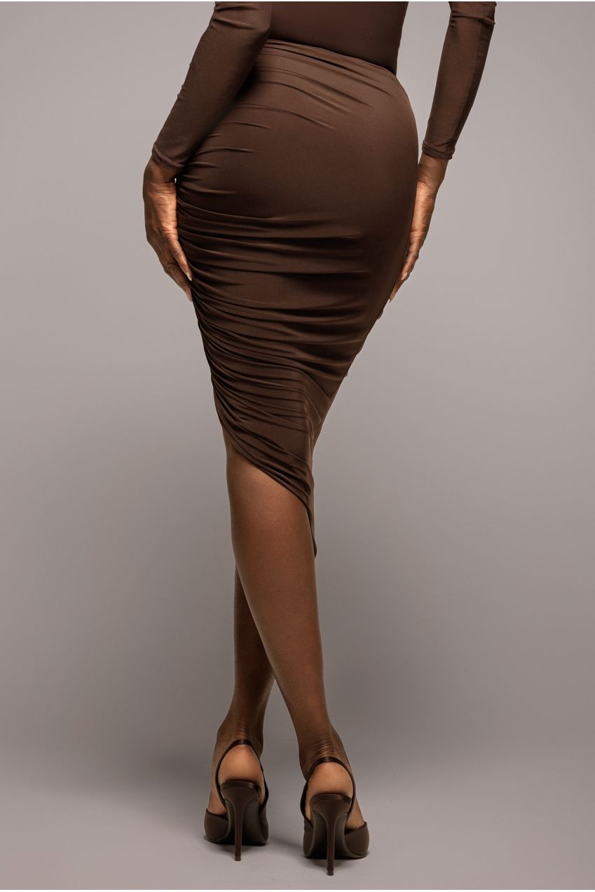 Side Gathered Asymmetric Midi Skirt - Brown SK63