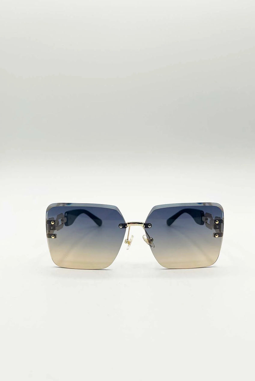 Rimless Oversized Square Sunglassses In Navy Gold SG2501020