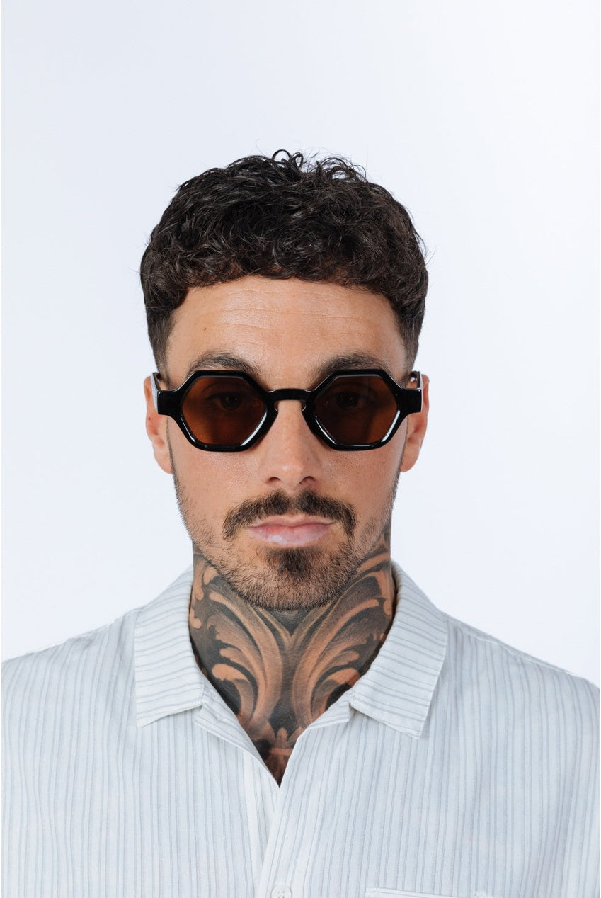 Round Hexagon Sunglasses In Black Brown SG2501202