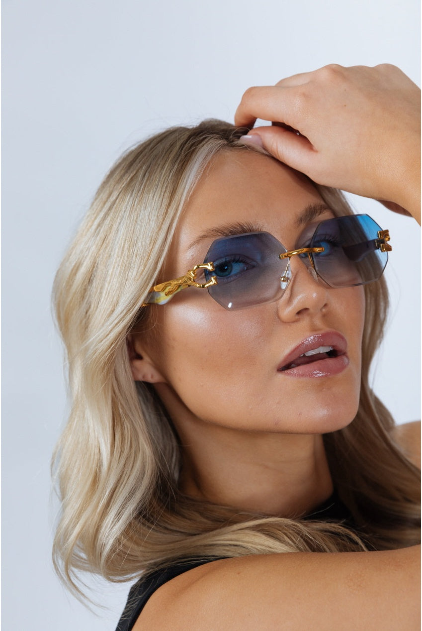 Rimless Oval Geometric Sunglasses In Gold Blue SG2501620