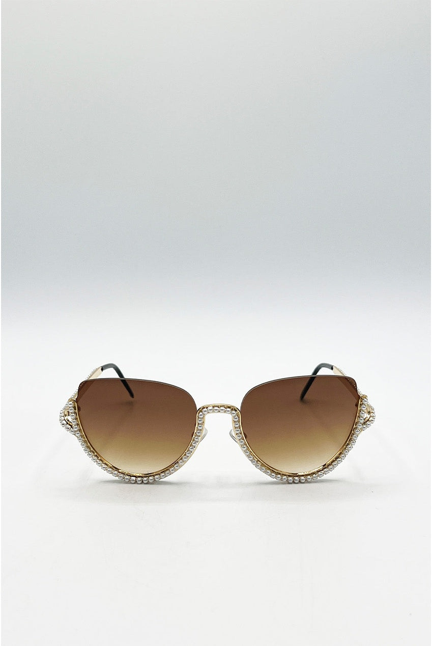 Upper Rimless Pearl Sunglasses In Gold Brown SG2503324