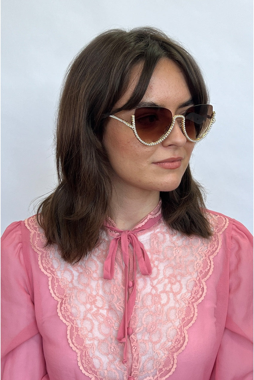 Upper Rimless Pearl Sunglasses In Gold Brown SG2503324