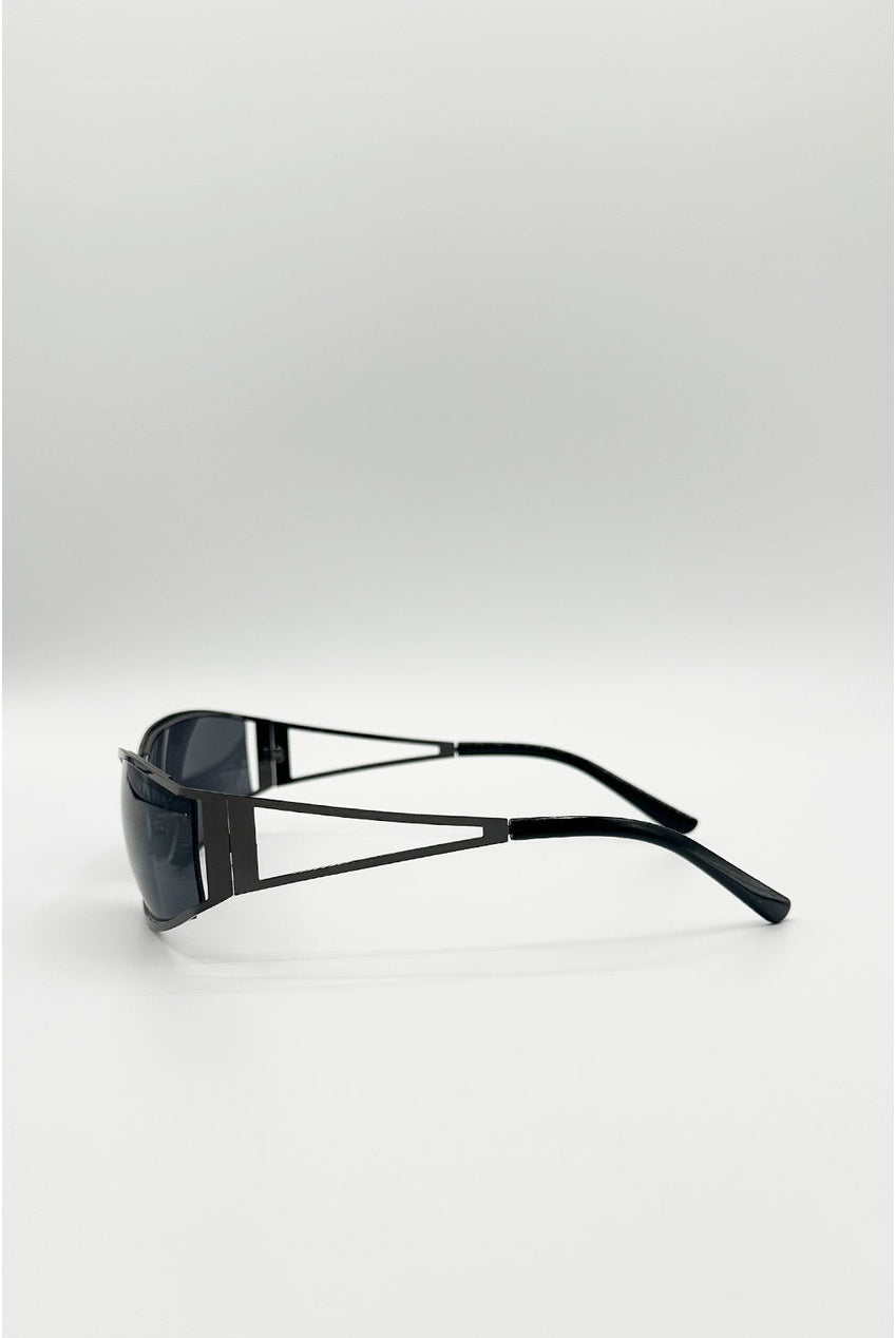 Retangle Wrap Around Metal Sunglasses In Gun Metal SG2602402