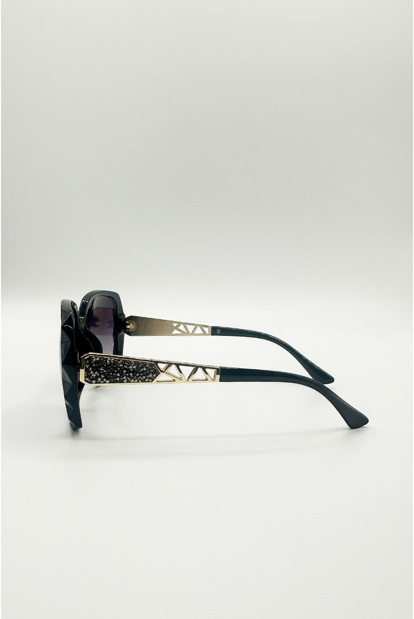 Round Square Side Detail Sunglasses In Black SG2602902