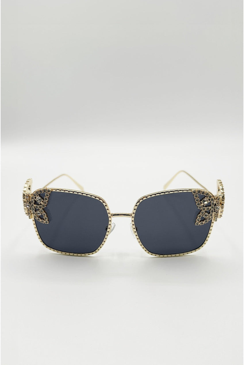 Square Oversized Diamante Detail Sunglasses In Black SG2603302