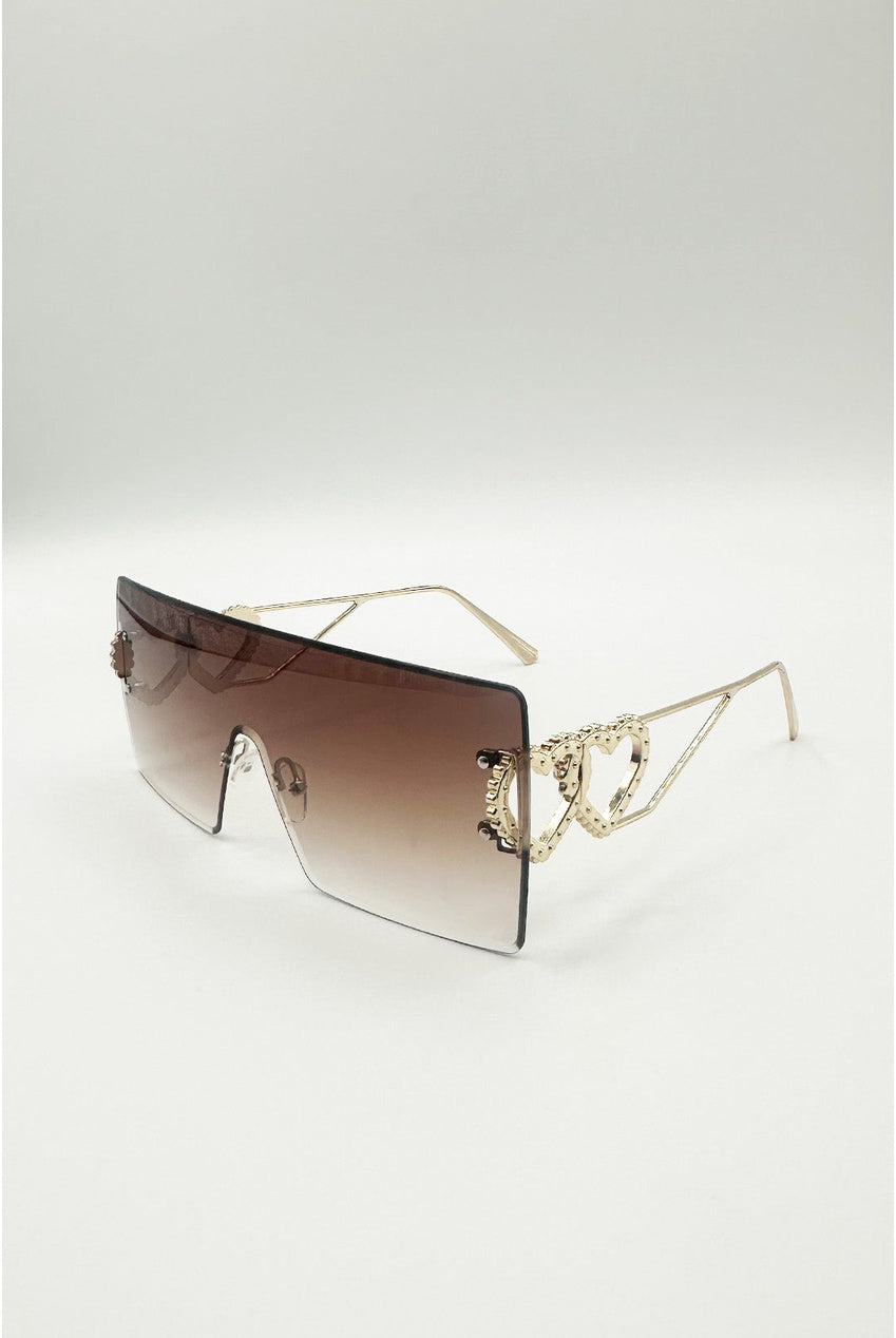 Flatop Rimless Heart Detail Sunglasses In Brown SG2603506